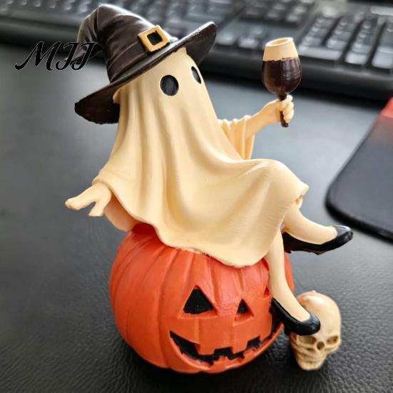 Decorative Bar Accessories Cute Ghost Figurine, Sitting on Pumpkin Statue with Witch Halloween Party Table Centerpieces Hat, Resin Tabletop