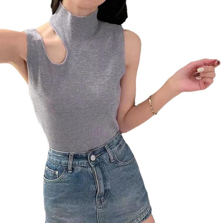 

Новый летний свитер с полуводолазкой в гонконгском стиле, сексуальный, с открытыми плечами, тонкий, без рукавов, с халтер-воротником, вязаный свитер One size