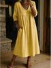 2026 European & American V-Neck Patchwork Lace Trim Linen-Cotton Casual Dress