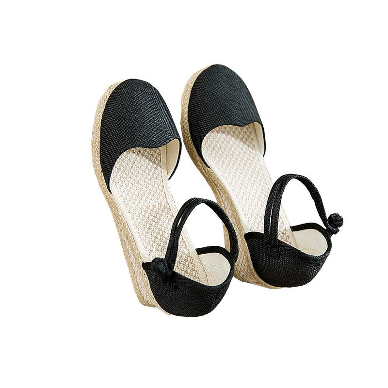 Women's Ethnic Style Breathable Linen Wedge Sandals with Buckle - Versatile High Heel for Summer Travel.