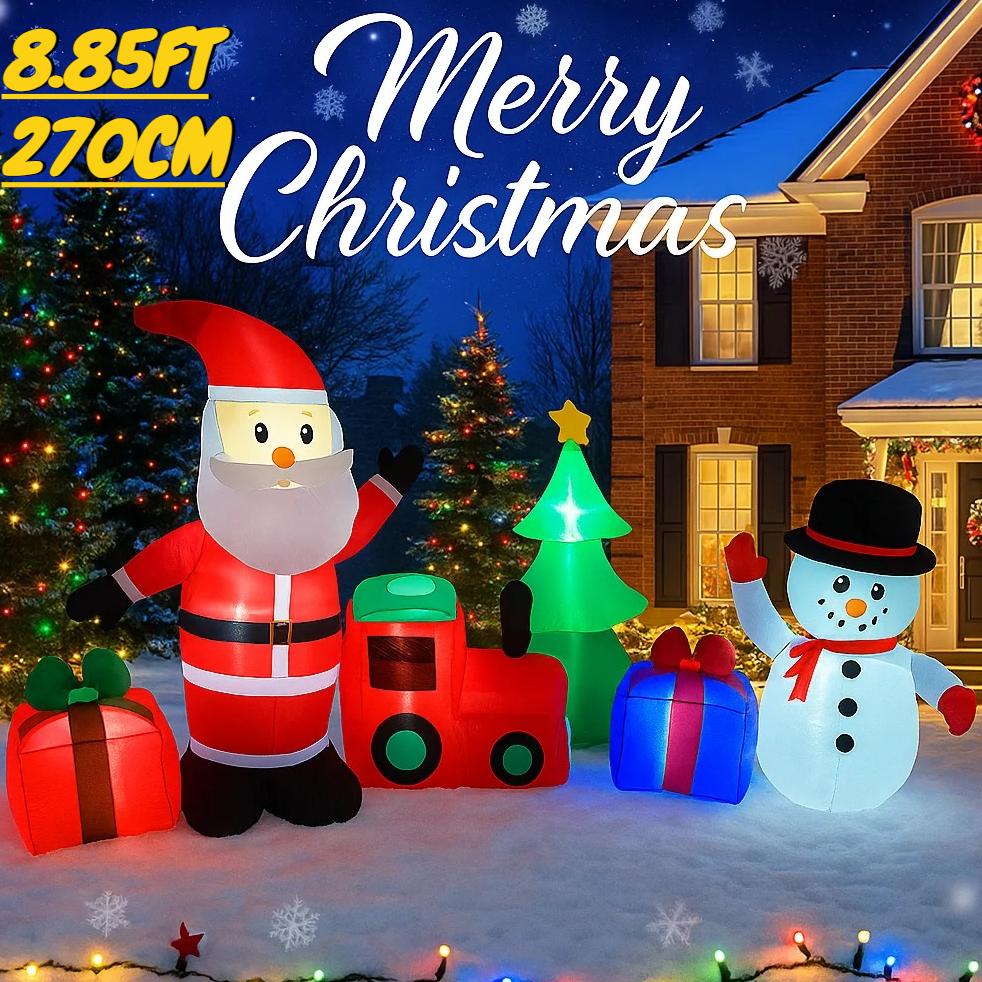 8.85FT Inflatable Santa Snowman Train Gifts Set Toy Yard Lawn Party Decoration Festive Gift LED Lit Supplies Xmas Home Ornament
