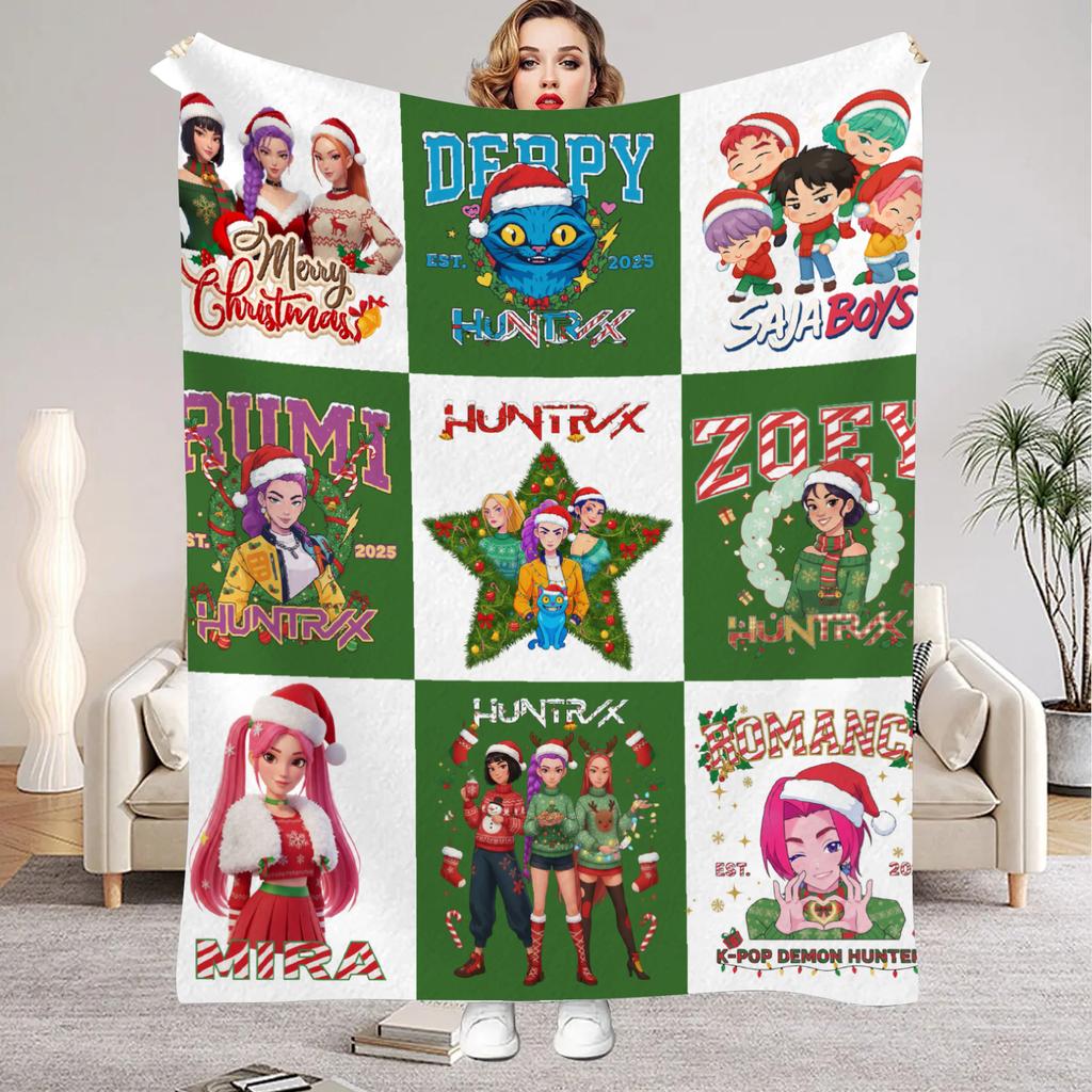Huntrix Christmas Blanket For Boys Girls K Pop Demon Hunters Rumi Mira Zoey Throw Blanket Cozy Christmas Gift for Huntrix Fans