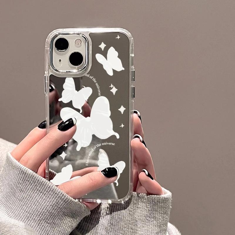 For iPhone 16 Pro 13 Case Luxury Mirror Silver Butterfly Phone Case iPhone 15 14 11 12 Pro Max 16 Plus XR X XS Shockproof Cover