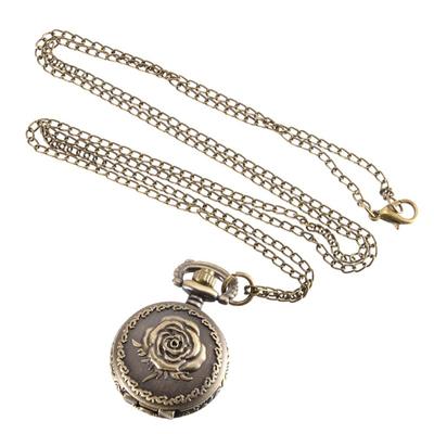 Vintage Pocket Watch Bronze Color Quartz Watch Cool Chain Rose Watches