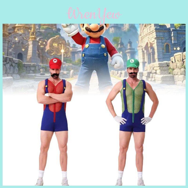 Unique Mario Cosplay Costume Set With Hat Gloves Mustache And Suspenders For Adults