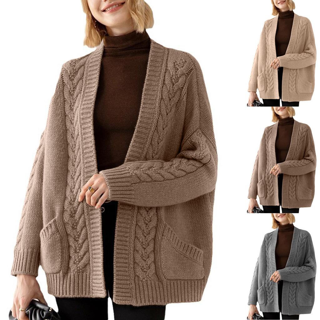Ladies New Autum And Winter Loose Cable Knit Mid-length Sweater Coat
