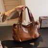 Retro European & American Large PU Leather Tote: Solid Color, Soft, Versatile, and Casual Shoulder Bag for Commute.