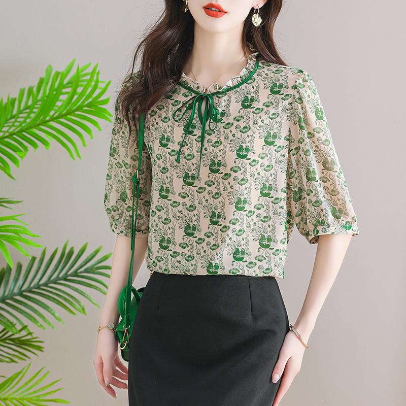 Elegant Temperament Printed Chiffon Blouse for Women Summer Fashion All-match Short Sleeve Shirt Summer Female Clothing