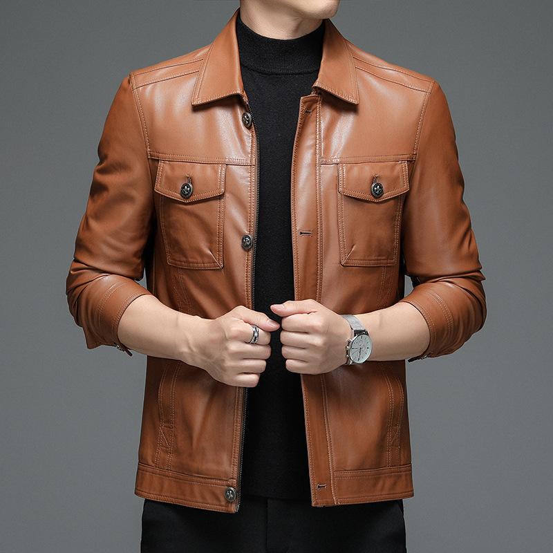Men's Sheepskin Leather Jacket Autumn and Winter Fashionable Young and Middle-aged Jacket Men's Velvet Warm Men's Leather Jacket