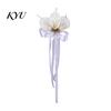 Rearview Mirror Ribbon Bows Calla Lily Wedding Car Door Handle Decorative Flower, White Artificial Flower Bouquet Elegant Gold Bead Satin Streamers