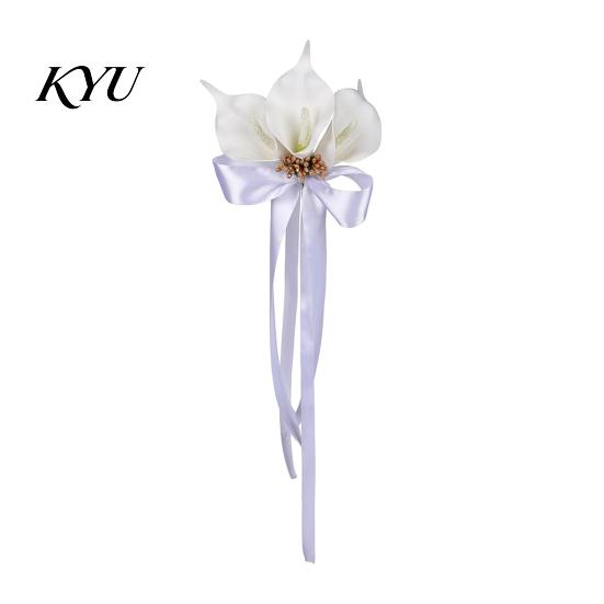 Rearview Mirror Ribbon Bows Calla Lily Wedding Car Door Handle Decorative Flower, White Artificial Flower Bouquet Elegant Gold Bead Satin Streamers
