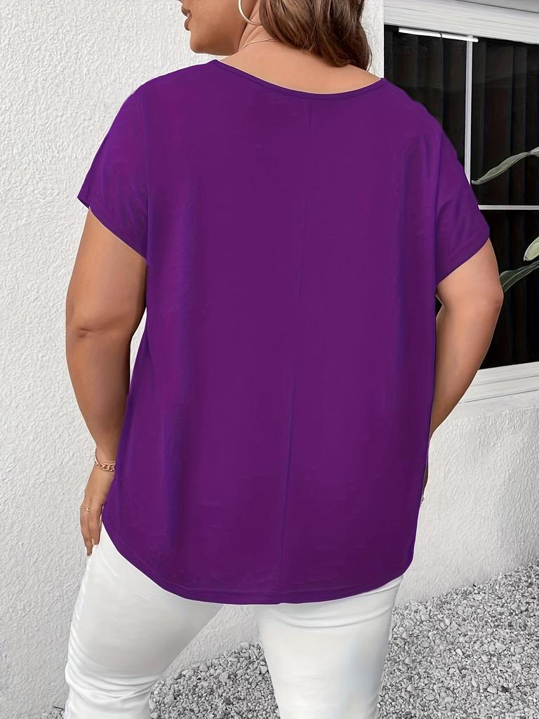 2026 Plus Size V-Neck Cross Strap Hollow Short Sleeve Women's T-shirt