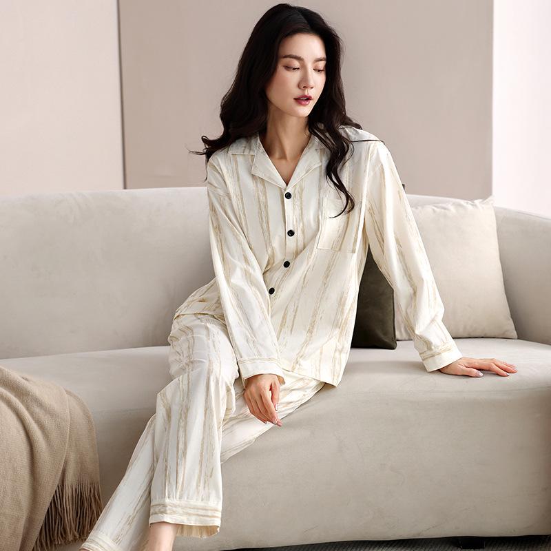 Women's Pure Cotton Long Sleeve Pajama Set - Loose Fit, Plus Size, for Autumn/Spring