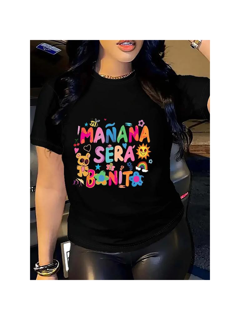 Women's Vibrant Pink Casual T-Shirt - "Manana Sera Bonito" Colorful Letter Print Round Neck Machine Washable Graphic T Shirts