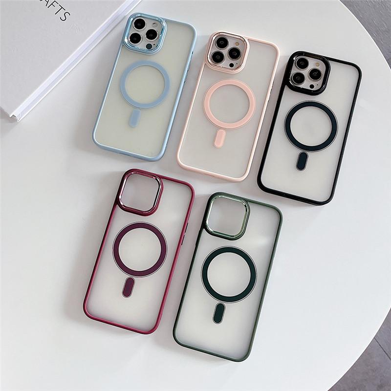 Custodia Trasparente Colorata Opaca Anti-impronte in TPU + Acrilico per iPhone 15 14 13 12 11 Pro Max Plus Anello Metallico Foro Grande Lente Posteriore Magnetico