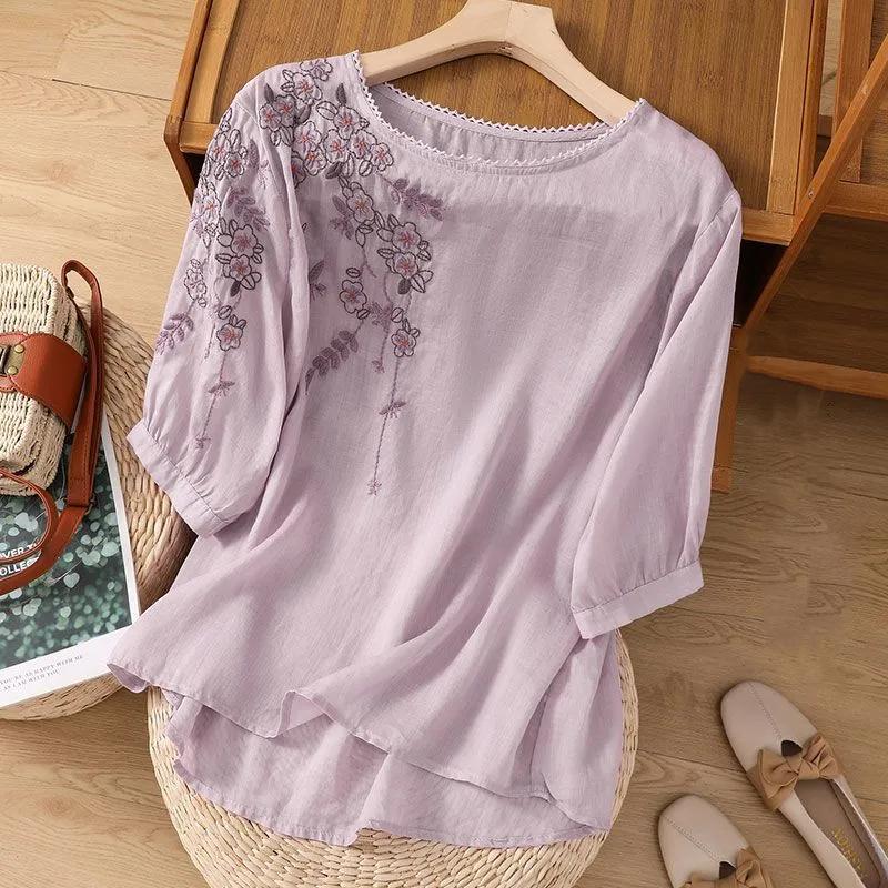 Women's Summer Literary Retro Loose Thin Shirt Embroidered Short-sleeved Casual T-shirt