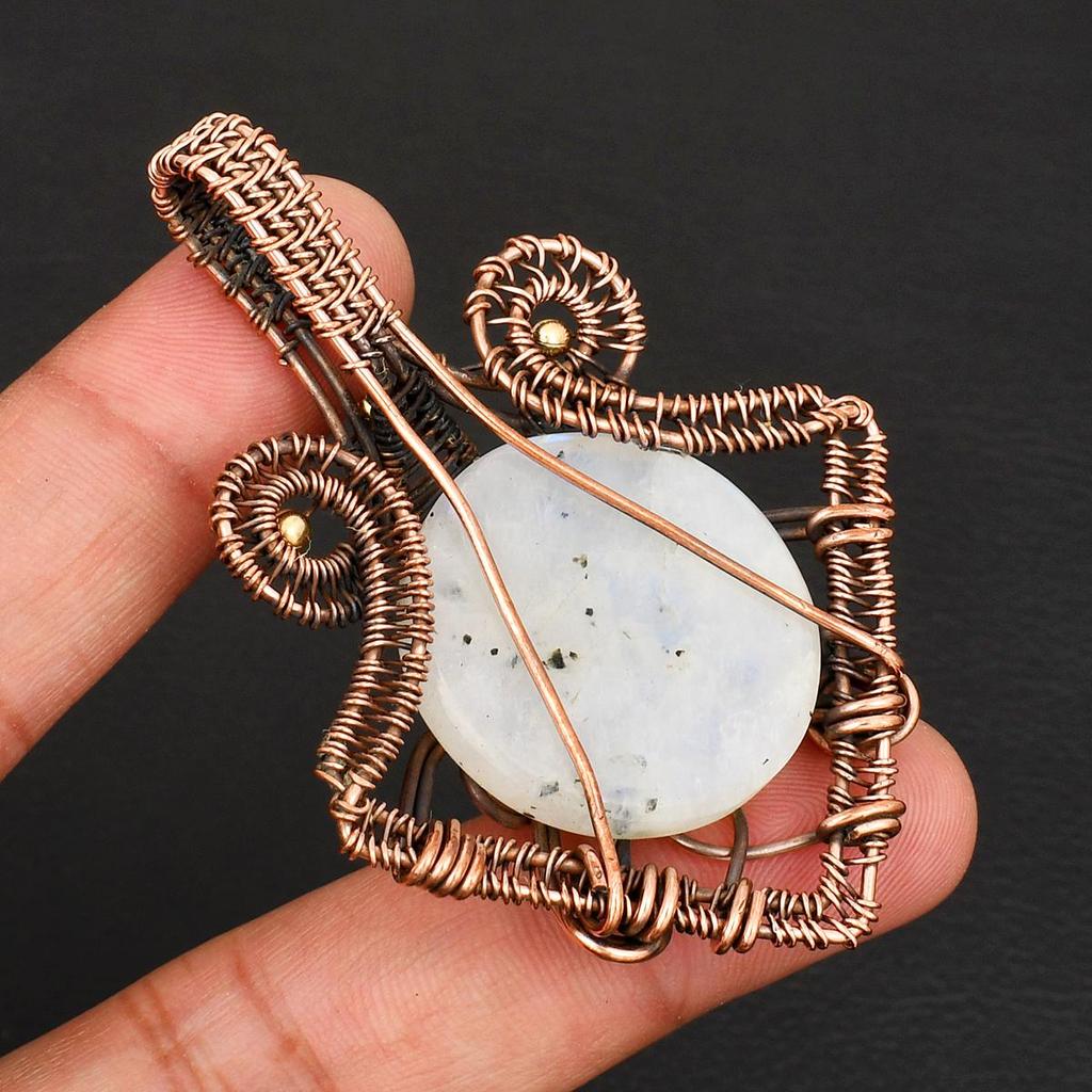 Artisan Copper Wire Wrapped Pendant Rainbow Moonstone Gemstone Unique Anniversary or Birthday Gift for Her