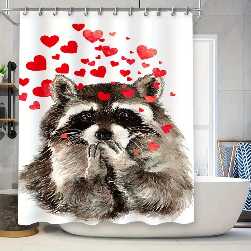 

Watercolor Animal Print Shower Curtain Red Heart Sticker Design for Bathroom Decorations High-Quality Fabric Water Repellent W90XH180cm