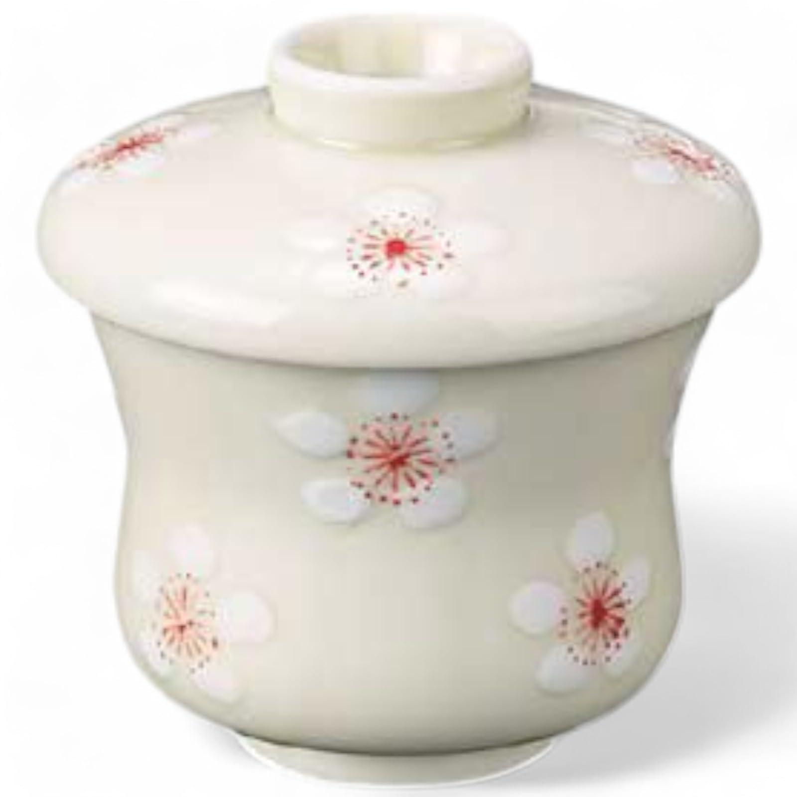 

Takumifu Arita Ware Chawanmushi Bowl, White Plum Blossom, Gosago-Shaped, Made in Japan