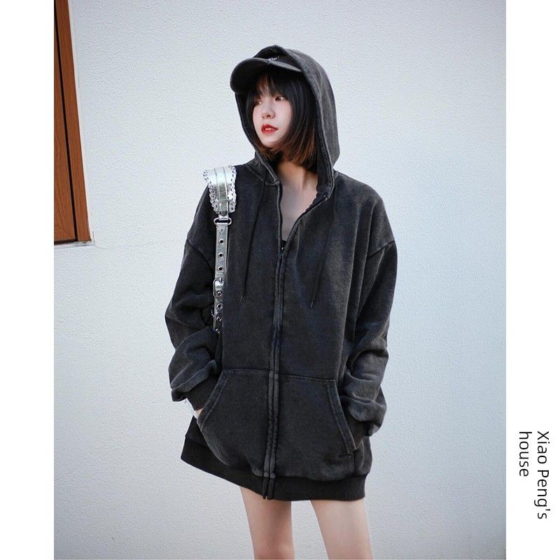 

Washed Old Hooded Sweatshirt Loose Pure Cotton Cardigan Do old gray good quality 100% pure cotton M