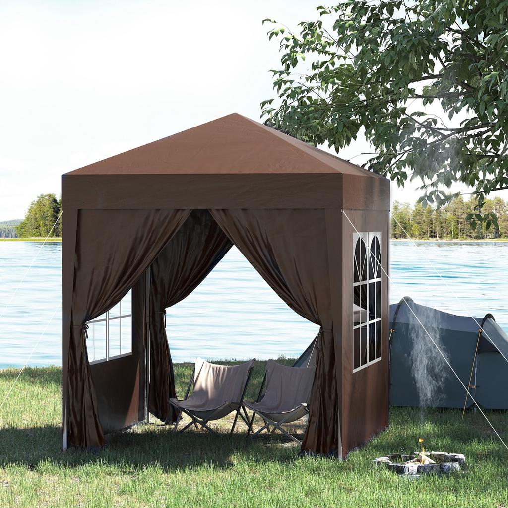 2x2m Pop-Up Gazebo, with Curtain Walls and Windows, Coffee