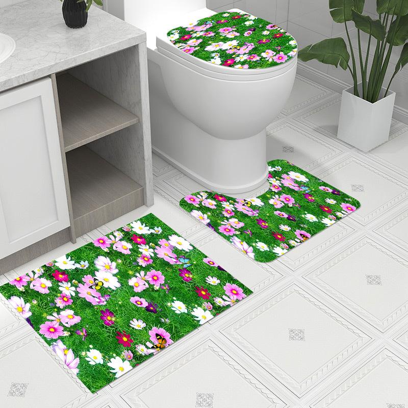 3pcs Bath Mat Set Bohemia Flower Anti-Slip Carpet Doormat Toilet Lid Toilet Seat CoverToilet Seat Mat Bath Rug Accessories