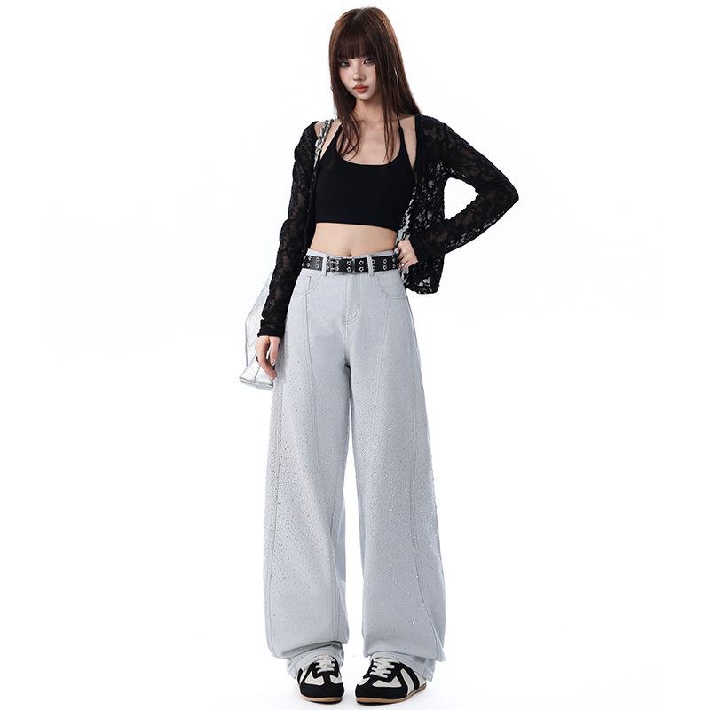 American Retro High-Rise Star Rhinestone Wide-Leg Jeans - Women s 2026 Spring Collection 2XL