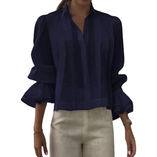 Women Shirt Lapel Long Sleeve Ruffle Cuffs Shirt Tops Pure Color Loose Fit Button Down Office Lady Summer