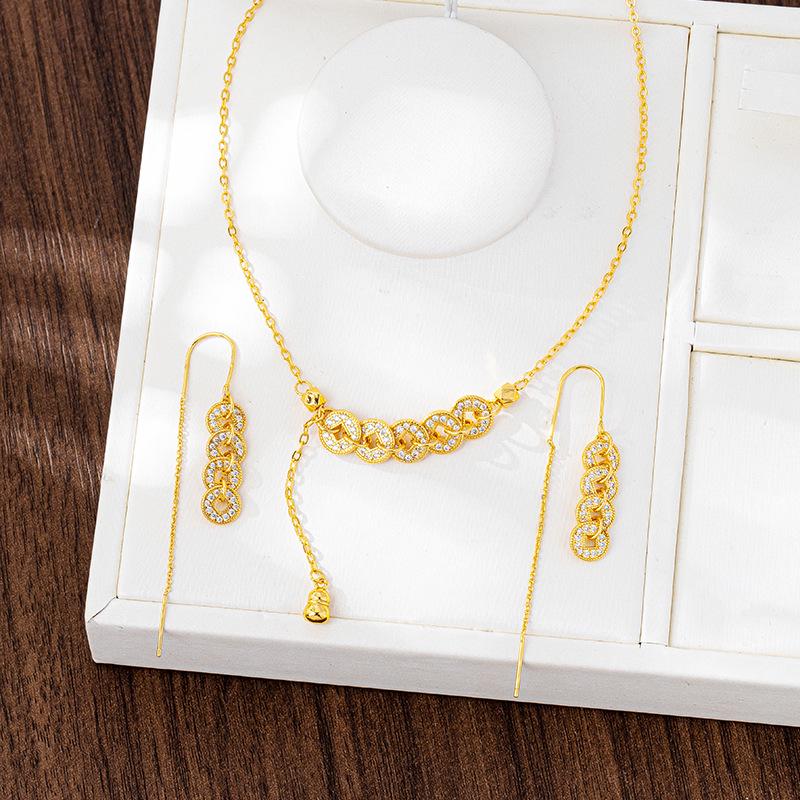 Ancient Five Emperor Coin Necklace & Diamond-Set Copper Earrings - Trendy, Long-Lasting Jewelry for Women