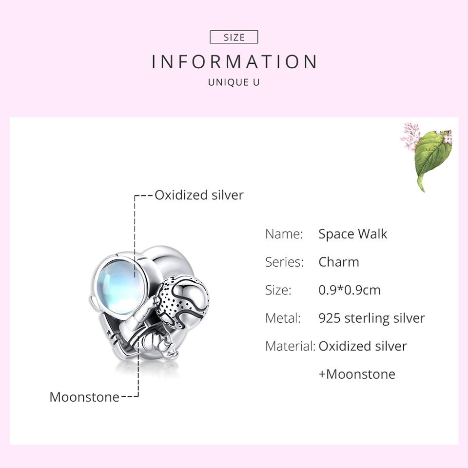 BAMOER 925 Sterling Silver Moonstone Charm, Weightless astronauts Space Walk Charm Beads fit Original 3mm Bracelet DIY Jewelry