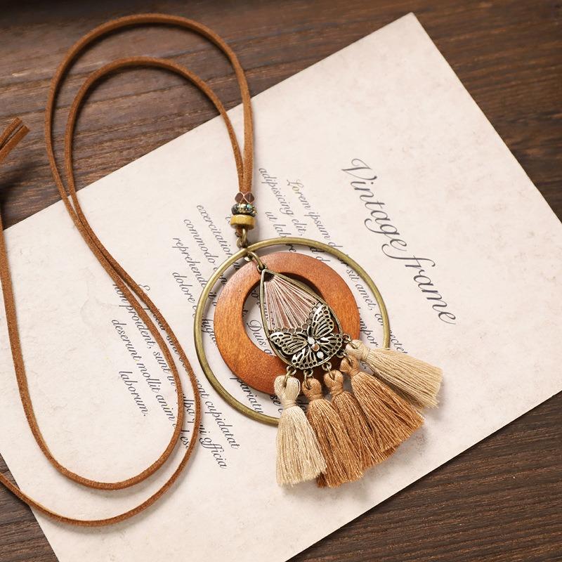 Bohemian Long Tassel Necklace Vintage Niche Exotic Wooden Sweater Chain Women's Accessories