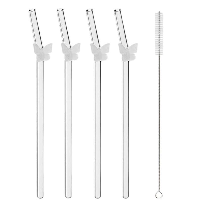 4Pcs Butterfly Straw Pretty Reusable Glass Tube Dishwasher Safety Durable Straws For Smoothie Cocktail Juice Smoothie Drinks