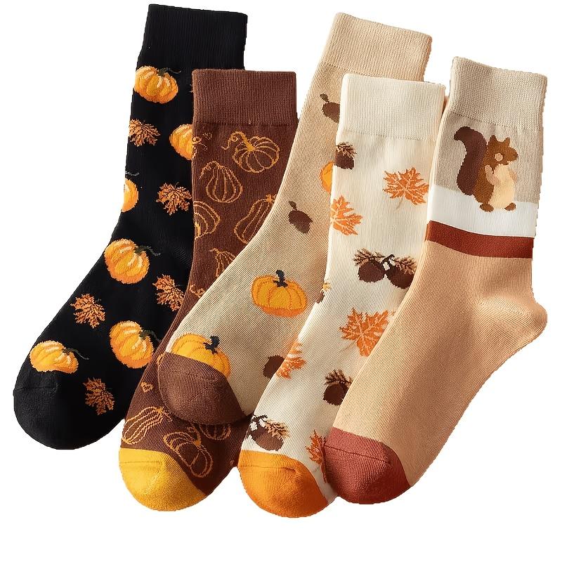 5 Pairs Of Random Halloween And Thanksgiving Turkey And Pumpkin Women's Mid-Calf Socks