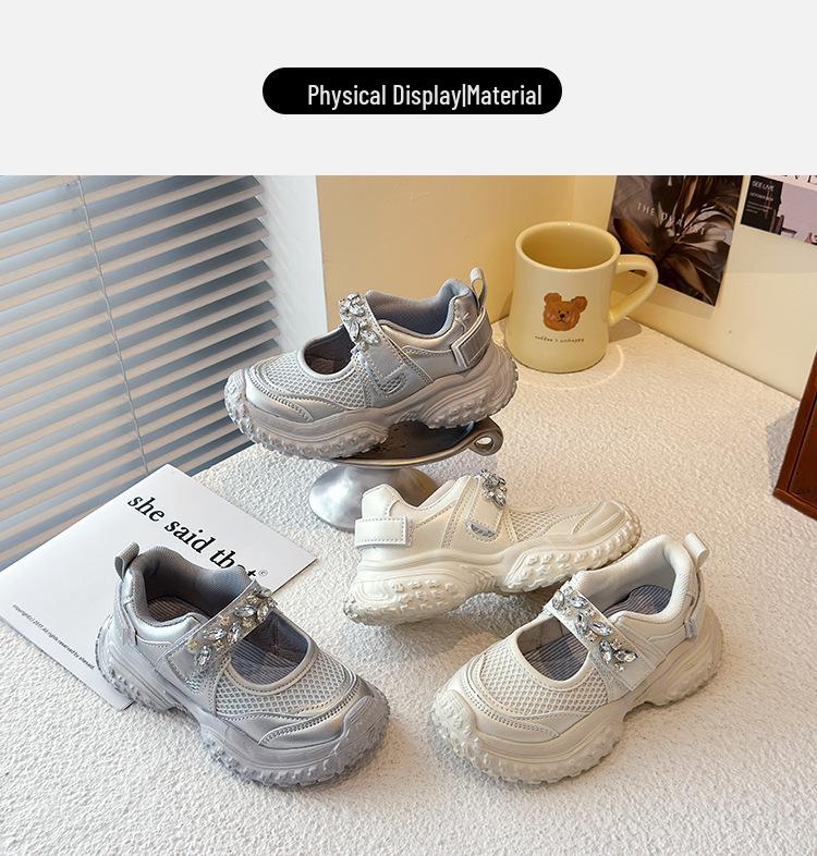 Silberne Prinzessin Schleifenschuhe - Geschlossene Strasskristall-Abendschuhe für Mädchen mit weicher Sohle und hohen Absätzen