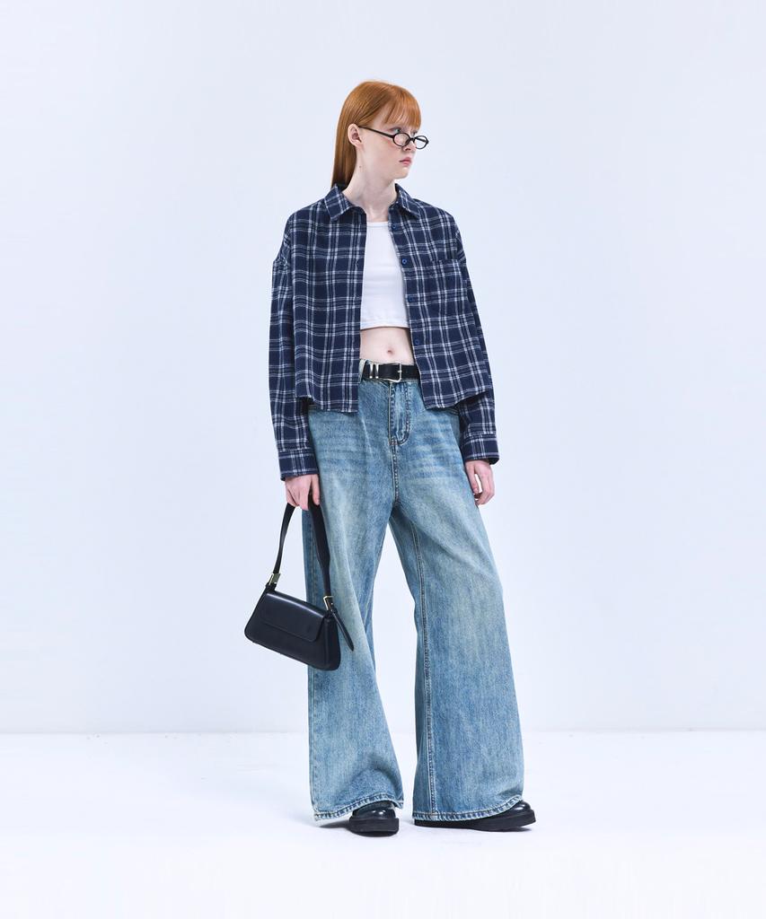 VIVABROWN 85-Viva097 Fuse Crop Long Sleeve Check Shirt Navy