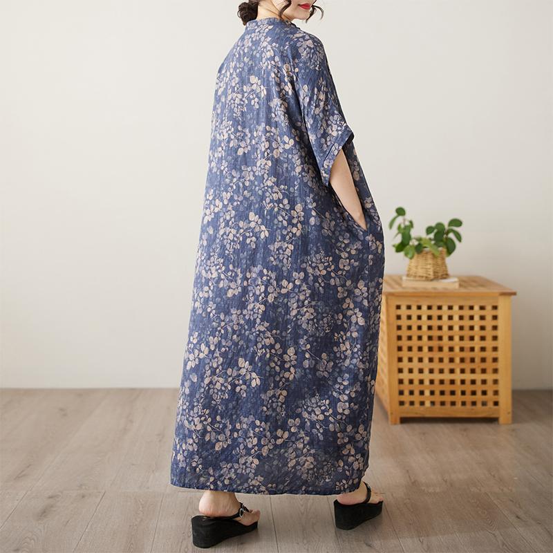 DIMANAF 2025 Summer Plus Size Long Dress Basic Women Casual Loose Vintage Oversized V-Neck New Printing Dress