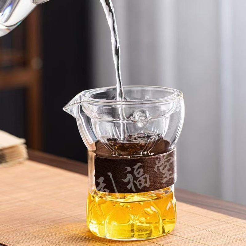 Little Green Mandarin Glass Tea Set with Wooden Ring Heat Insulation Tea Divider and Fairness Cup