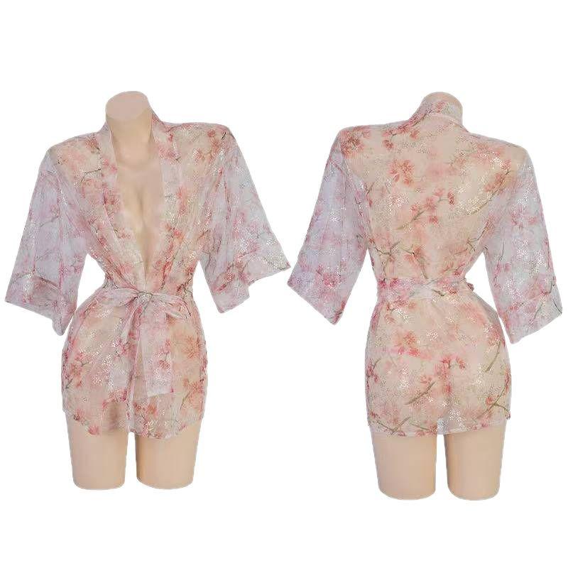 Alluring Deep V Japanese Kimono Pajamas Set with Sheer Outer Blouse and Bathrobe - Women's Sensual Lingerie