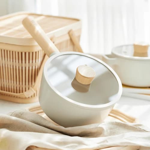 Neoflam Saucepan (18cm, 1.6L, with Lid), "Nordic European Style" with 5-Type Ceramic Coating, Induction, Highlight, Gas, and IH Compatible