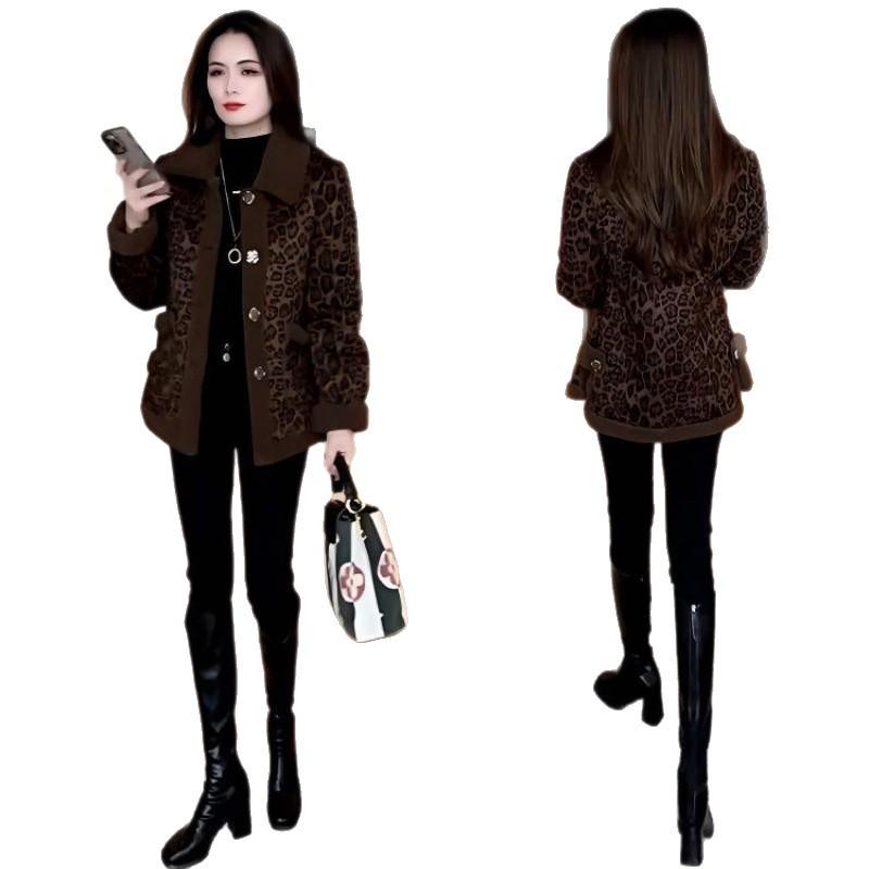 Fluffy 2025 Elegant Leopard Print Woolen Jacket - Women's Versatile Warm Top