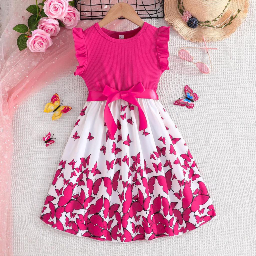 Girls' Sleeveless Butterfly Print Dress & Belt Set