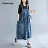 Sommerkleid für Damen im koreanischen Stil mit Print, Denim, Midi-Sommerkleid mit Hosenträgern, Vintage, lässig, lockeres Schnürkleid, stilvolle Baggy-Taschen, ärmelloses Kleid