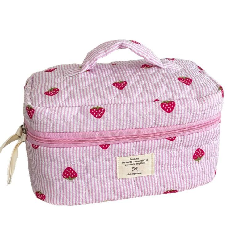 Damen Kosmetiktasche gesteppt Niedlich Reißverschluss Rosa Erdbeere Reise-Organizer Kulturtasche Make-up Aufbewahrungstasche Handtasche Damen Reißverschlusstasche