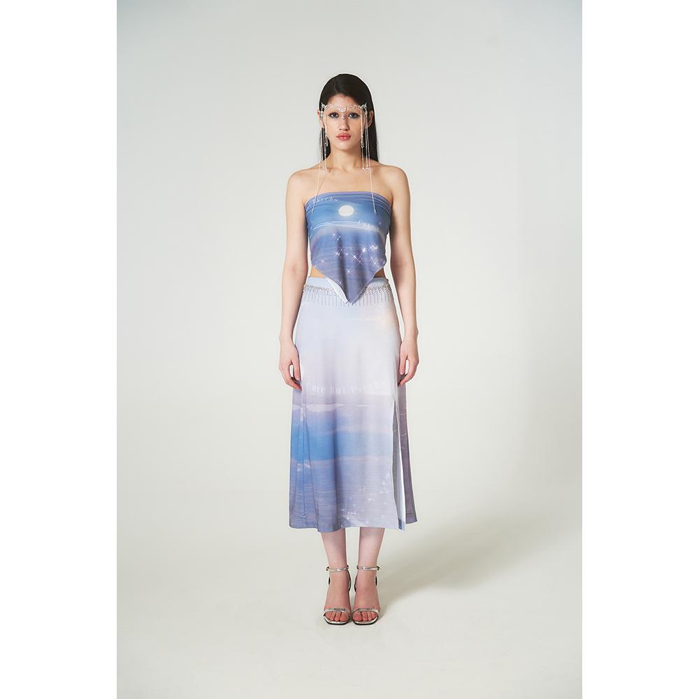 Hatu Beach Printing Slit Midi Skirt Purple