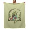 Cottagecore Aesthetic Frog Playing Banjo On Mushroom Cute Vintage Goblincore Farmer Toad In Garden Dark Academ Throw Blanket