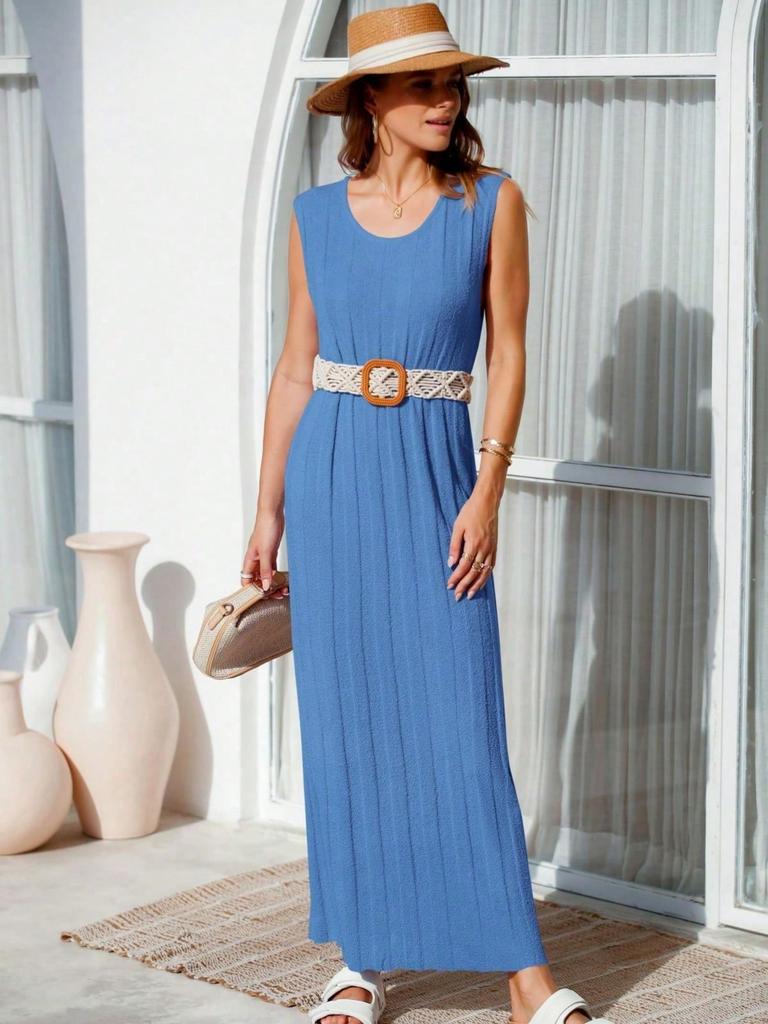 Womens Sleeveless Ribbed Knit Maxi Tank Dress Scoop Neck Summer Long Dress