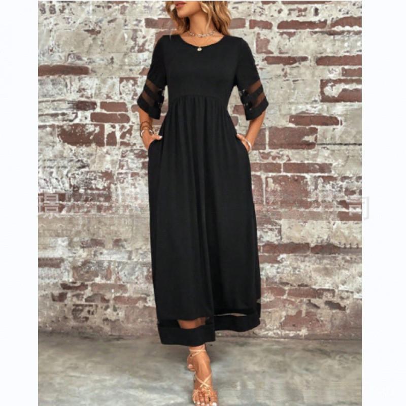 Elegantes Polyester-Halbarm-Netz-Rundhals-Kleid für Büro und Freizeit