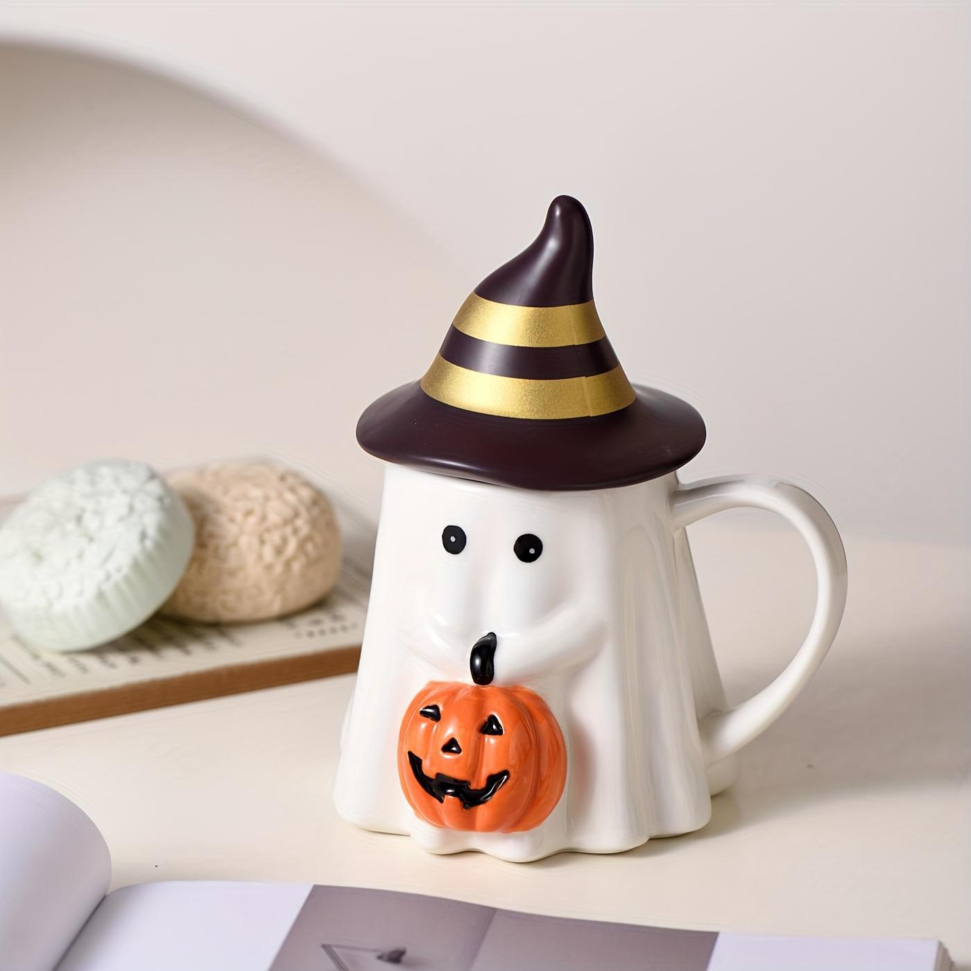 

1 шт. 450 мл/15 унций Хэллоуинская керамическая кофейная кружка с милым 3D дизайном тыквы, оригинальная кружка-привидение с очаровательным лицом и шляпой тыквы белый