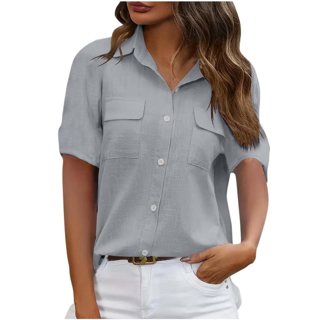 Damska -Kolorowa Koszula z Krótkim Rękawem i Kieszenią