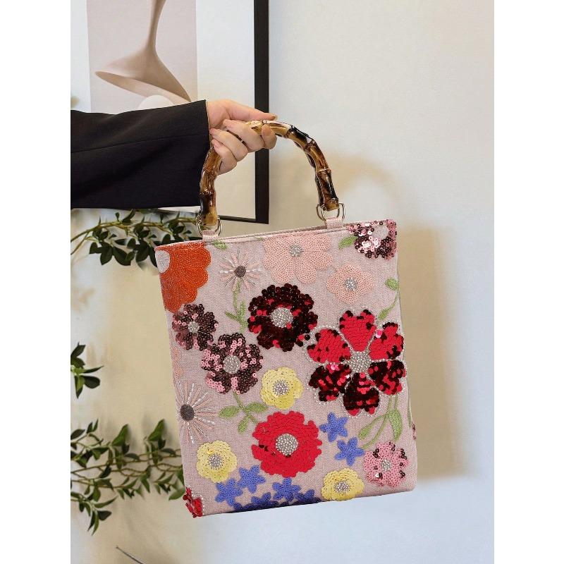 Bamboo Tote Bag Premium Color Sequins Retro Women's Hand Carry Heavy Industry Embroidery Tide Dinner Bag